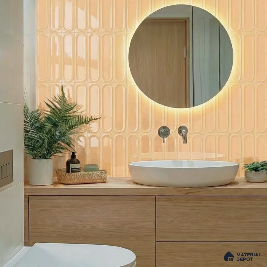 Scandinavian bathroom with peach kitkat wall tiles and light oak wood vanity