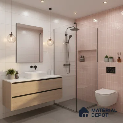 Scandinavian bathroom with pink kitkat wall tiles, white wall tiles, and light oak floating vanity | Material Depot