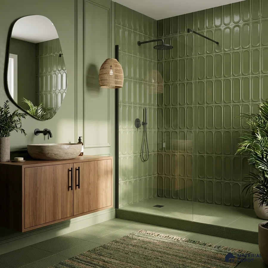 Scandinavian bathroom with sage green 3D wall tiles and wood vanity