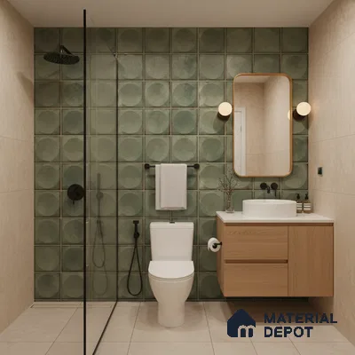 Scandinavian bathroom with sage green circle pattern wall tiles, beige floor tiles, and light oak vanity | Material Depot