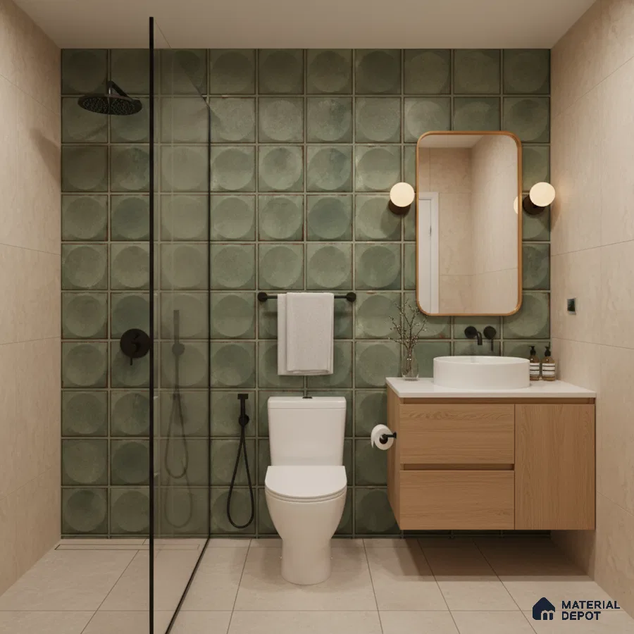 Scandinavian bathroom with sage green circle pattern wall tiles, beige floor tiles, and light oak vanity | Material Depot