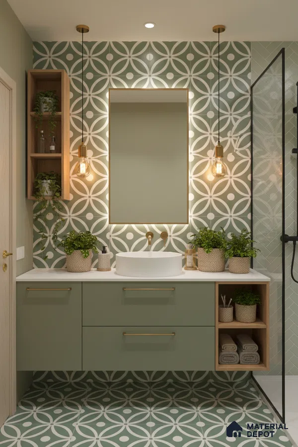 Scandinavian bathroom with sage green geometric patterned tiles and matte sage green vanity in Bengaluru | Material Depot