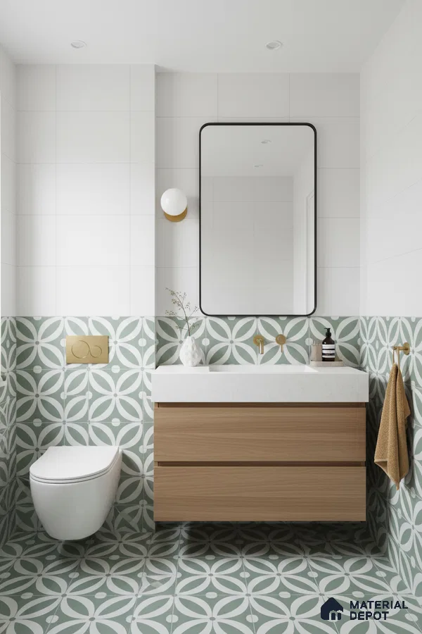 Scandinavian bathroom with sage green geometric patterned tiles and white quartz vanity top in Bengaluru | Material Depot