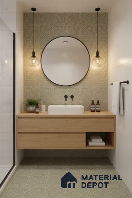 Scandinavian bathroom with sage green geometric tiles and light oak floating vanity in Bengaluru | Material Depot