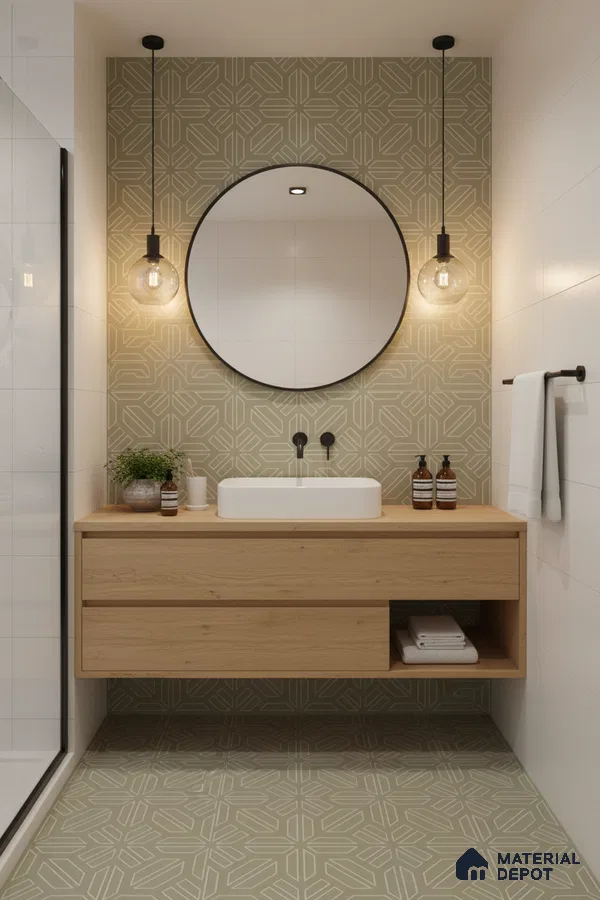 Scandinavian bathroom with sage green geometric tiles and light oak floating vanity in Bengaluru | Material Depot