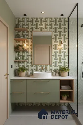 Scandinavian bathroom with sage green geometric wall tiles, sage green laminate vanity, and white countertop in Bengaluru | Material Depot