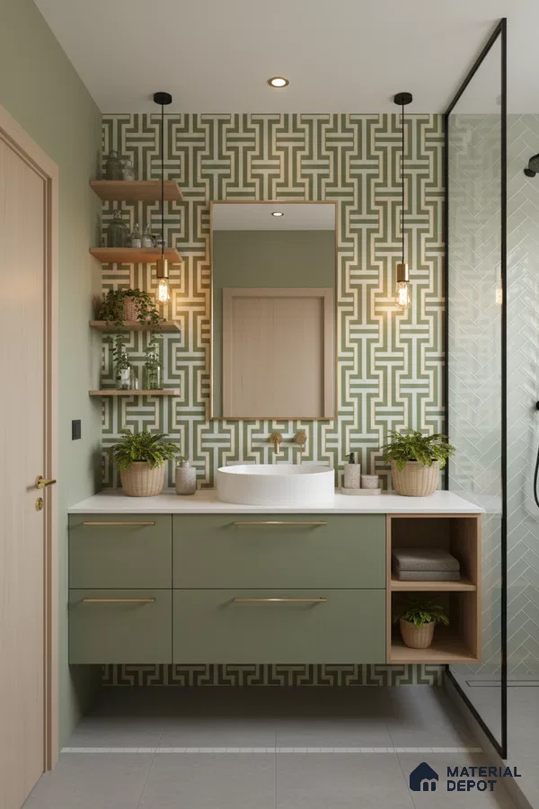 Scandinavian bathroom with sage green geometric wall tiles, sage green laminate vanity, and white countertop in Bengaluru | Material Depot