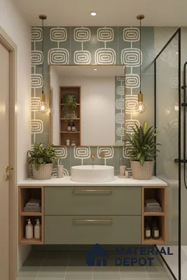 Scandinavian bathroom with sage green geometric wall tiles, sage green vanity, and white countertop in Bengaluru | Material Depot