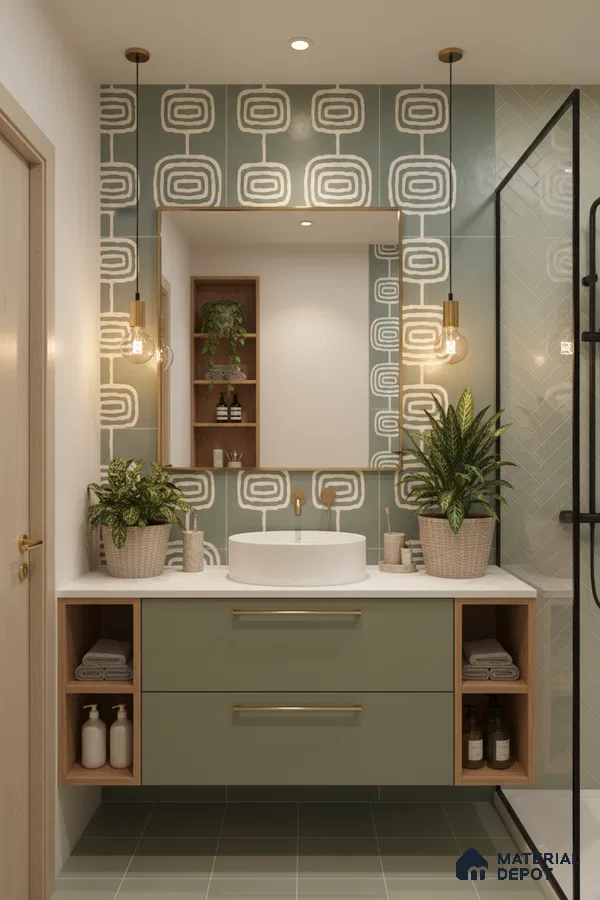Scandinavian bathroom with sage green geometric wall tiles, sage green vanity, and white countertop in Bengaluru | Material Depot