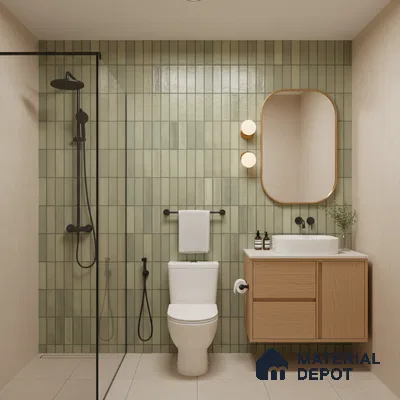 Scandinavian bathroom with sage green kitkat wall tiles and light oak floating vanity | Material Depot