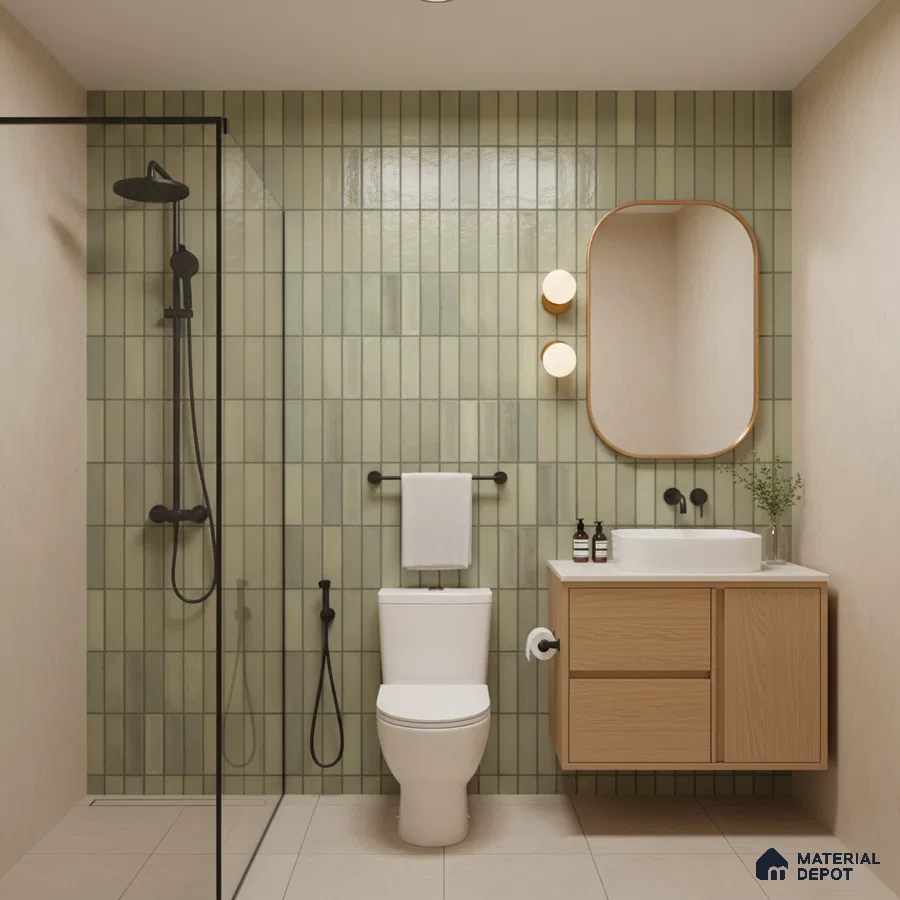 Scandinavian bathroom with sage green kitkat wall tiles and light oak floating vanity | Material Depot