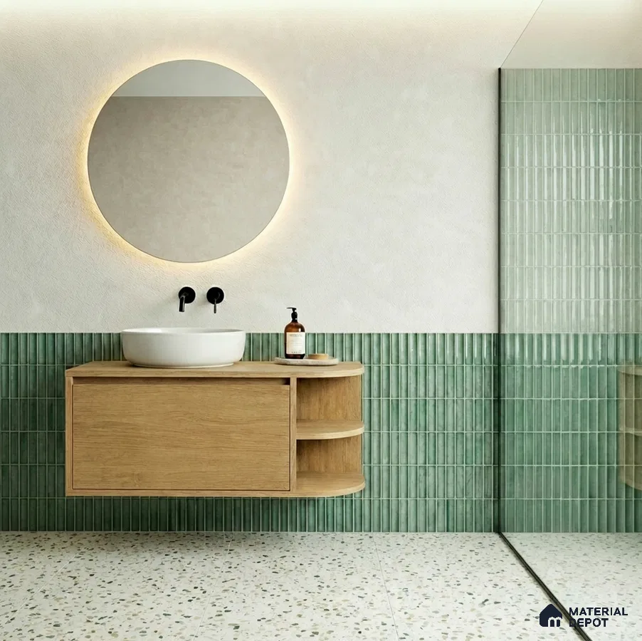 Scandinavian bathroom with sage green kitkat wall tiles, terrazzo floor tile, and floating wood vanity