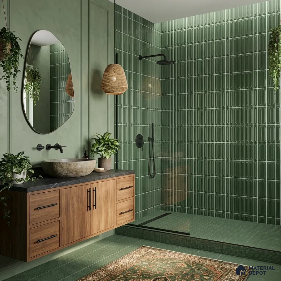 Scandinavian bathroom with sage green kitkat wall tiles, wooden vanity, and matte black fixtures