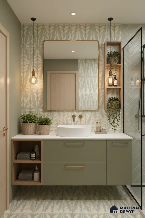 Scandinavian bathroom with sage green laminate vanity, fern patterned tiles, and white countertop in Bengaluru | Material Depot
