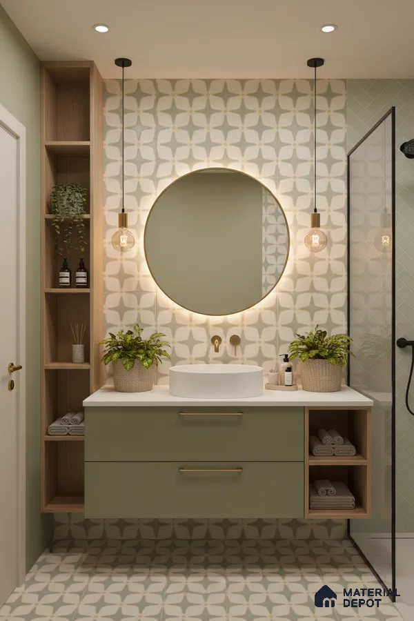 Scandinavian bathroom with sage green laminate vanity, geometric patterned tiles, and white countertop in Bengaluru | Material Depot