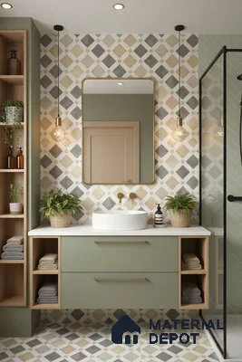 Scandinavian bathroom with sage green laminate vanity, geometric patterned wall and floor tiles, and white quartz countertop in Bengaluru | Material Depot