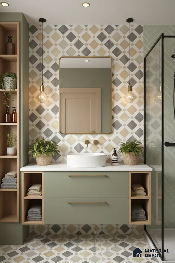 Scandinavian bathroom with sage green laminate vanity, geometric patterned wall and floor tiles, and white quartz countertop in Bengaluru | Material Depot