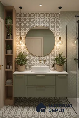 Scandinavian bathroom with sage green laminate vanity, patterned grey and white floor and wall tiles in Bengaluru | Material Depot