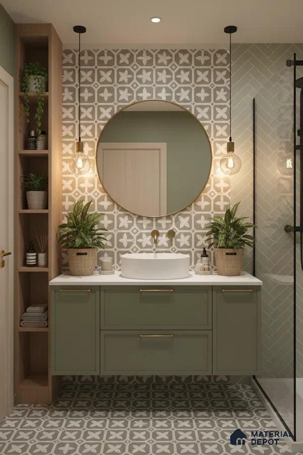 Scandinavian bathroom with sage green laminate vanity, patterned grey and white floor and wall tiles in Bengaluru | Material Depot