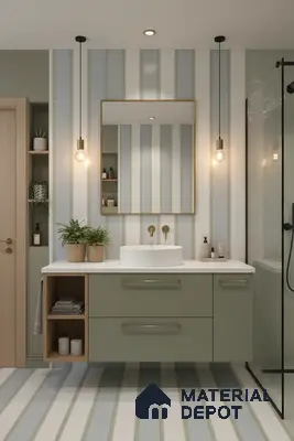 Scandinavian bathroom with sage green laminate vanity, striped wall and floor tiles, and white quartz countertop in Bengaluru | Material Depot