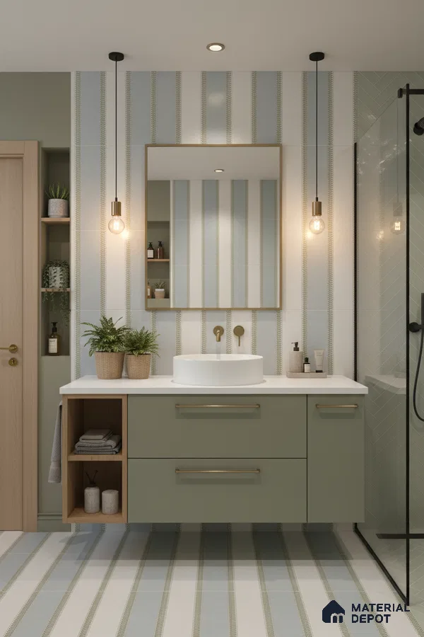 Scandinavian bathroom with sage green laminate vanity, striped wall and floor tiles, and white quartz countertop in Bengaluru | Material Depot