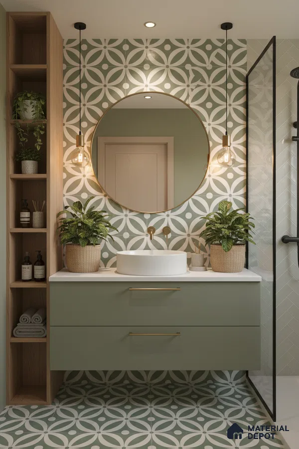 Scandinavian bathroom with sage green patterned tiles, matte sage green vanity, and white countertop in Bengaluru | Material Depot
