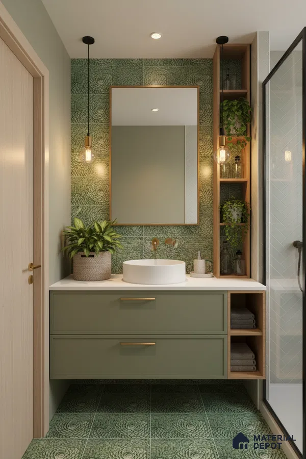 Scandinavian bathroom with sage green patterned tiles, sage green vanity, and white countertop in Bengaluru | Material Depot