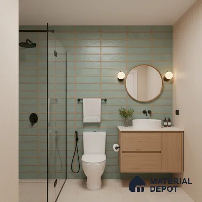 Scandinavian bathroom with sage green subway wall tiles, light wood floating vanity, and beige floor tiles | Material Depot