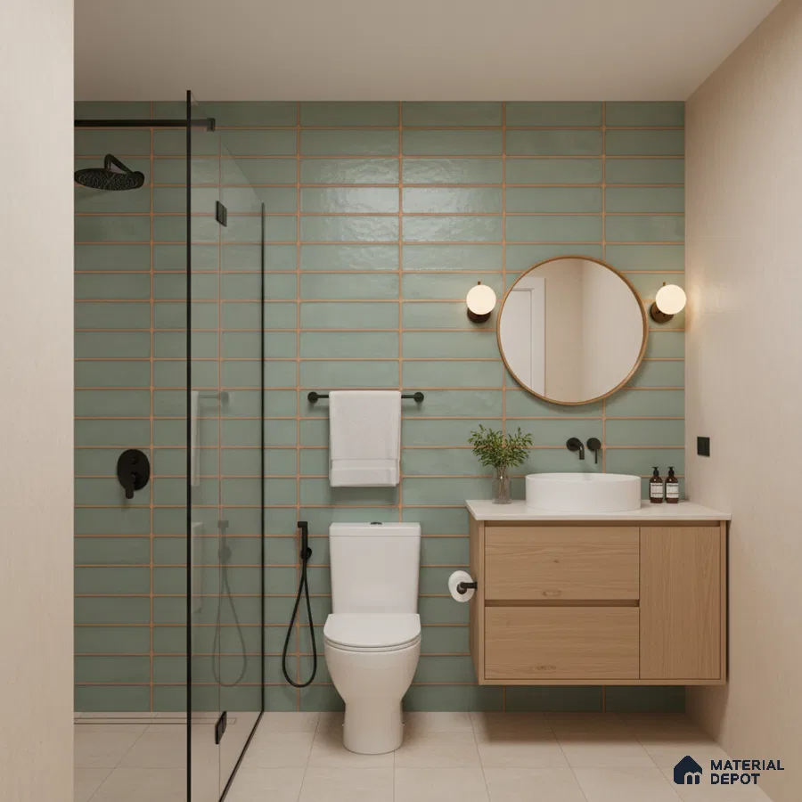 Scandinavian bathroom with sage green subway wall tiles, light wood floating vanity, and beige floor tiles | Material Depot