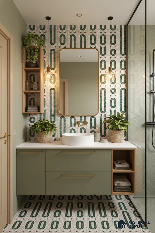 Scandinavian bathroom with sage green vanity, geometric mosaic tiles, and white countertop in Bengaluru | Material Depot