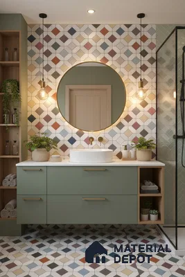 Scandinavian bathroom with sage green vanity, geometric multicolor wall and floor tiles in Bengaluru | Material Depot