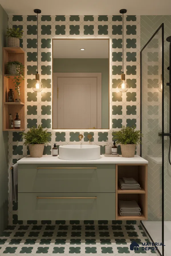 Scandinavian bathroom with sage green vanity, geometric patterned tiles, and wood open shelving in Bengaluru | Material Depot