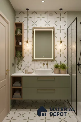 Scandinavian bathroom with sage green vanity, patterned floral tiles, and white countertop in Bengaluru | Material Depot