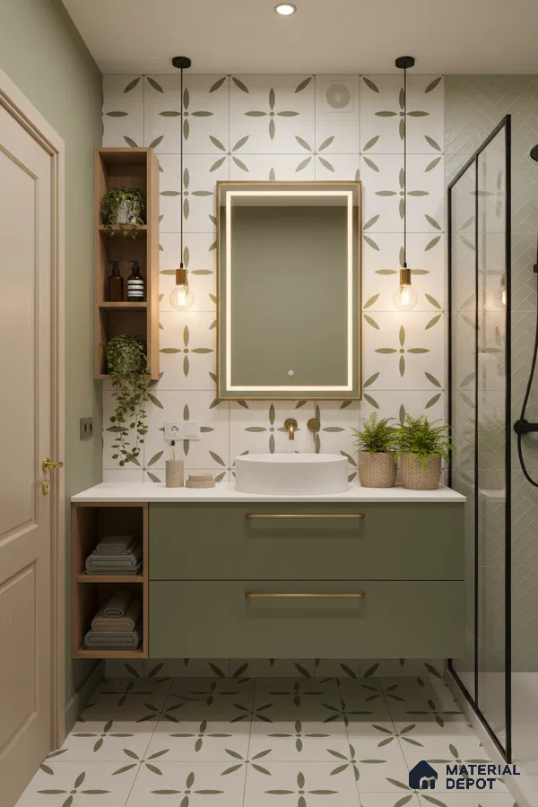 Scandinavian bathroom with sage green vanity, patterned floral tiles, and white countertop in Bengaluru | Material Depot