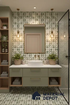 Scandinavian bathroom with sage green vanity, white countertop, and green geometric patterned tiles in Bengaluru | Material Depot