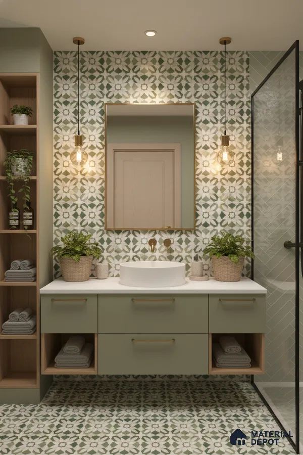 Scandinavian bathroom with sage green vanity, white countertop, and green geometric patterned tiles in Bengaluru | Material Depot