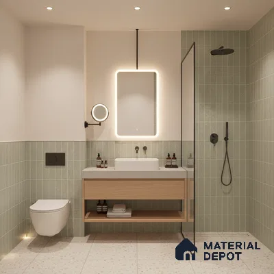 Scandinavian bathroom with sage green vertical subway wall tiles, terrazzo floor tiles, and light wood vanity | Material Depot