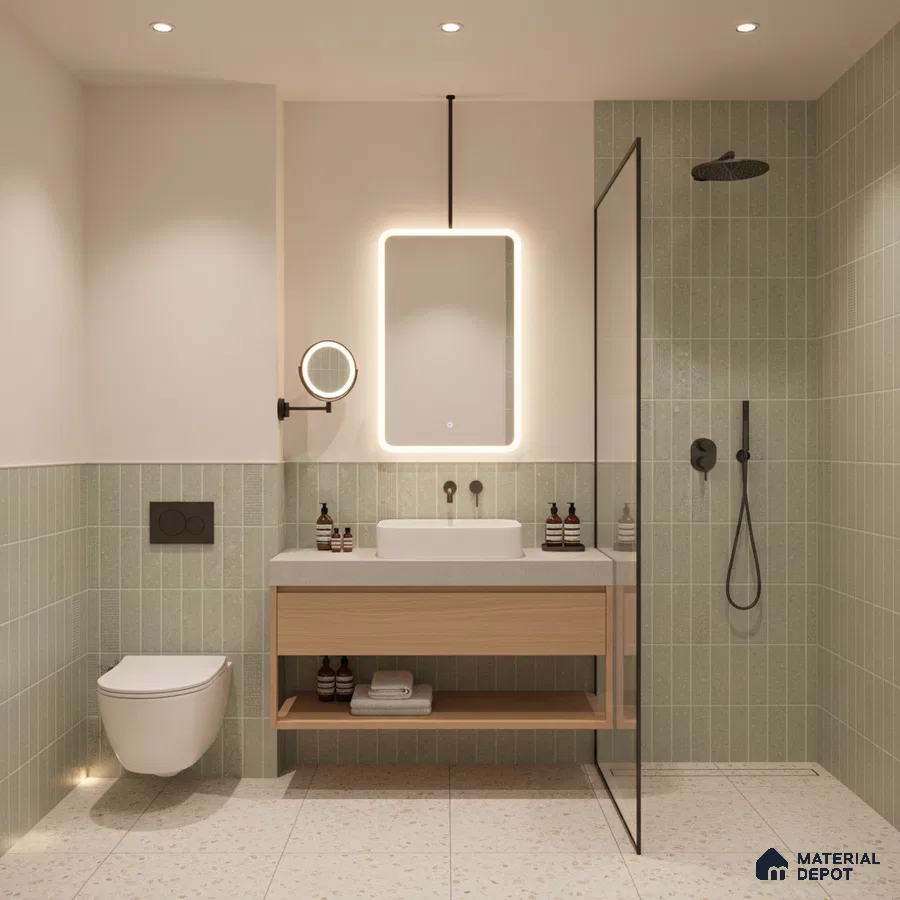 Scandinavian bathroom with sage green vertical subway wall tiles, terrazzo floor tiles, and light wood vanity | Material Depot