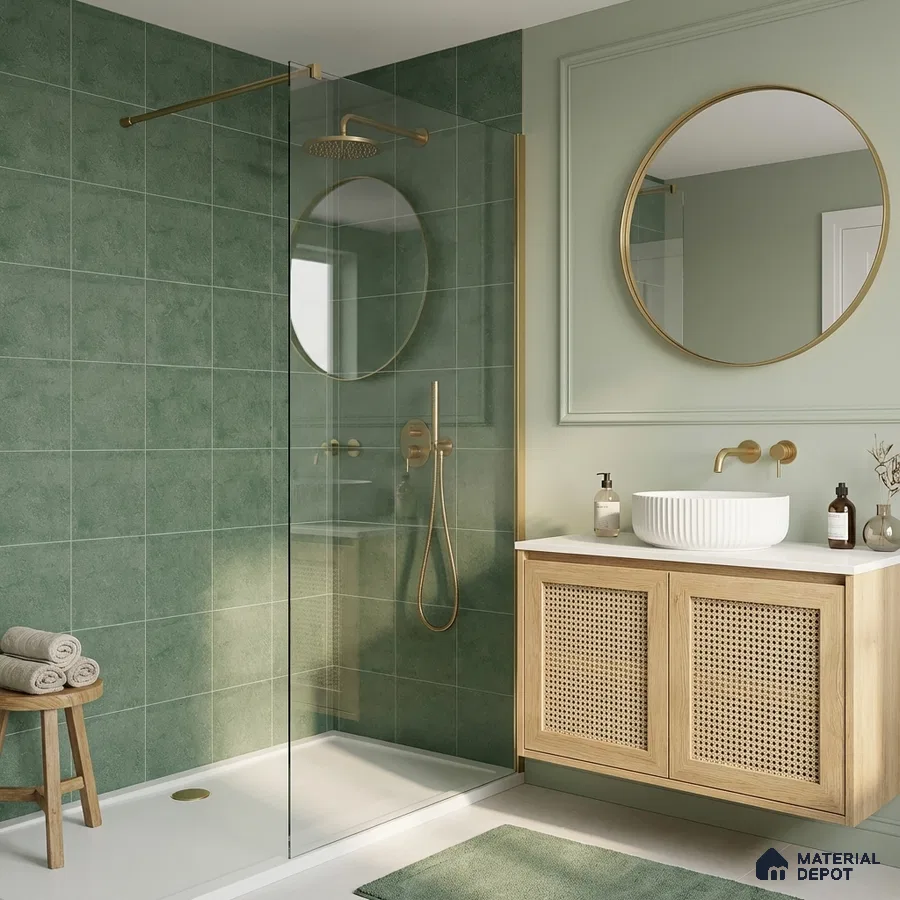Scandinavian bathroom with sage green wall tiles and cane-front wooden vanity