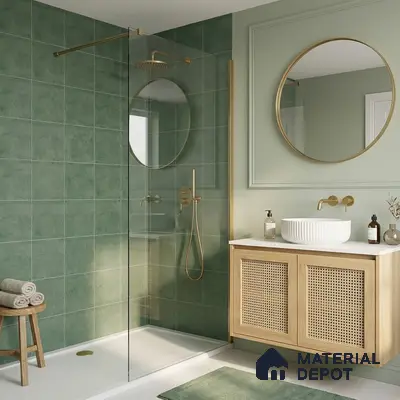 Scandinavian bathroom with sage green wall tiles and cane-front wooden vanity