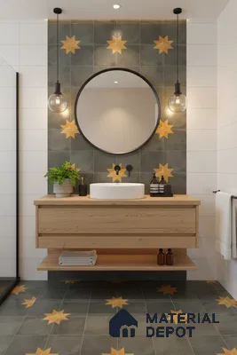 Scandinavian bathroom with star patterned grey and yellow tiles and light oak floating vanity in Bengaluru | Material Depot
