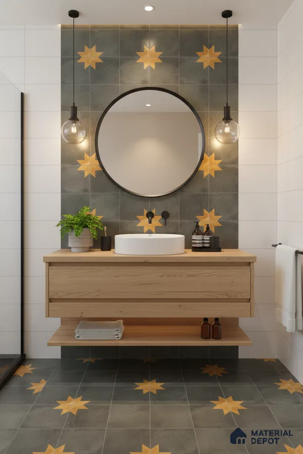 Scandinavian bathroom with star patterned grey and yellow tiles and light oak floating vanity in Bengaluru | Material Depot