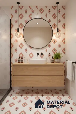 Scandinavian bathroom with terracotta geometric patterned tiles and light oak floating vanity in Bengaluru | Material Depot