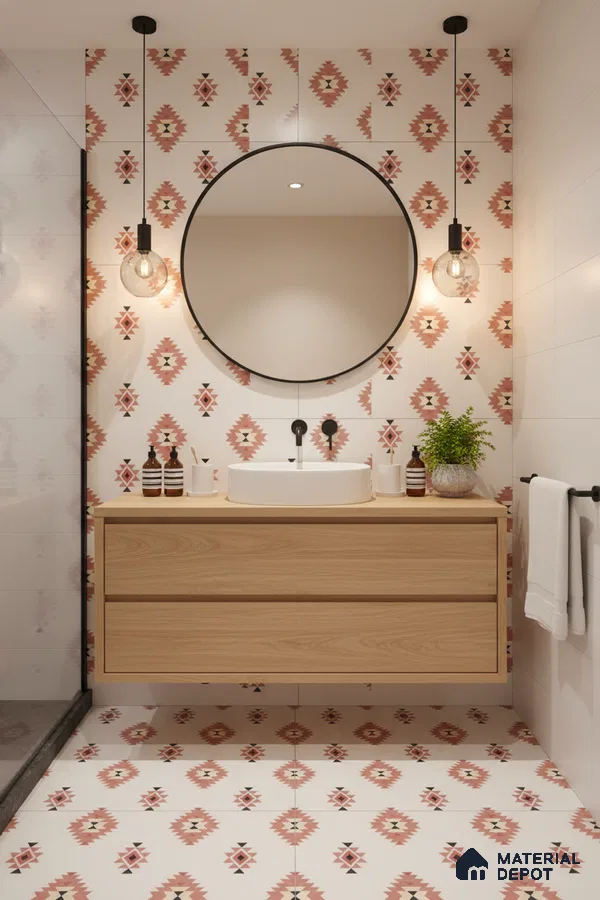 Scandinavian bathroom with terracotta geometric patterned tiles and light oak floating vanity in Bengaluru | Material Depot