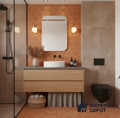 Scandinavian bathroom with terracotta hexagonal wall and floor tiles, light oak vanity, and matte black fixtures in Bengaluru | Material Depot