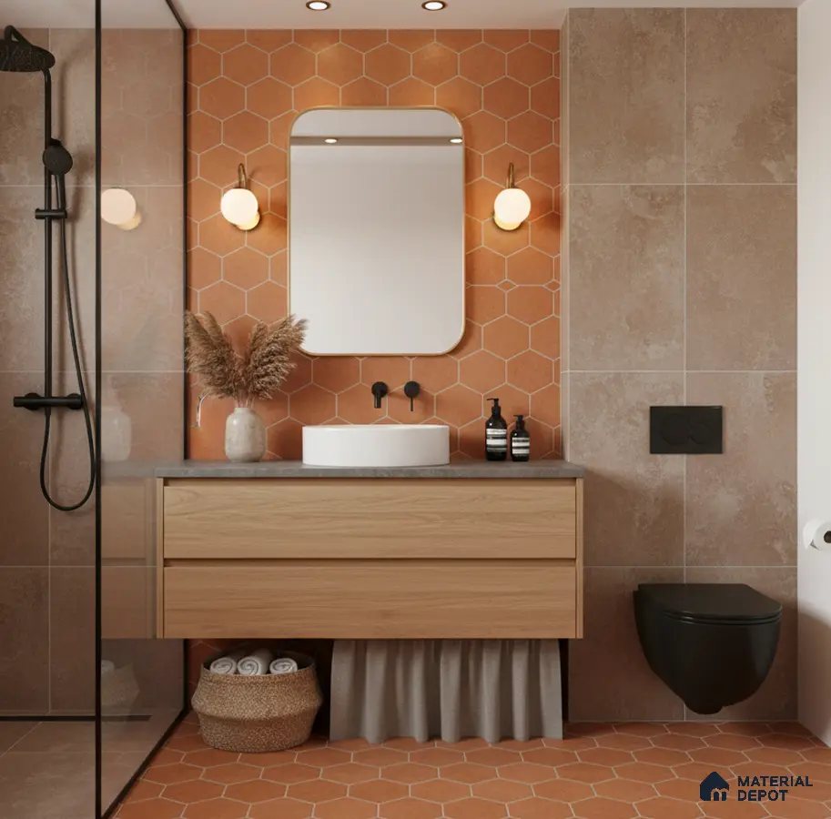 Scandinavian bathroom with terracotta hexagonal wall and floor tiles, light oak vanity, and matte black fixtures in Bengaluru | Material Depot