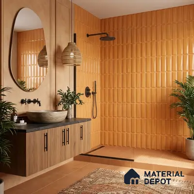 Scandinavian bathroom with terracotta kitkat wall tiles and wood laminate vanity