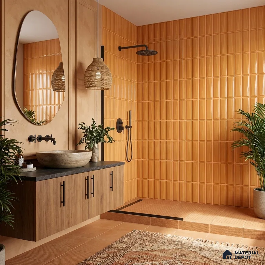 Scandinavian bathroom with terracotta kitkat wall tiles and wood laminate vanity