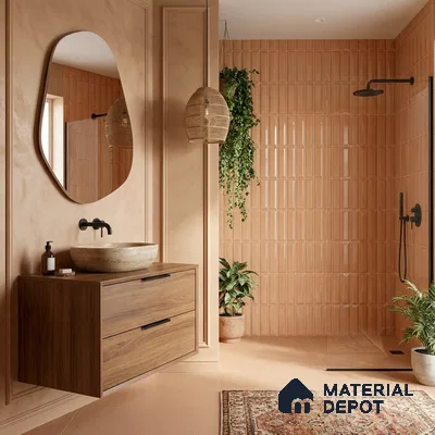 Scandinavian bathroom with terracotta kitkat wall tiles, wooden floating vanity, and stone basin