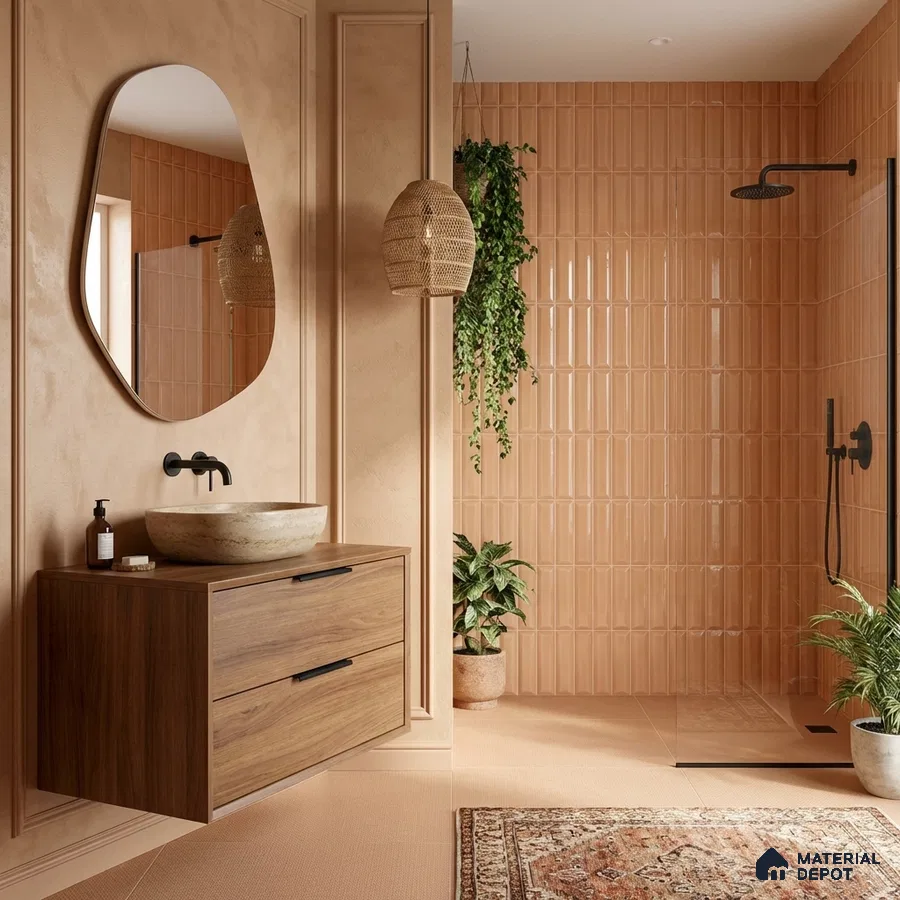 Scandinavian bathroom with terracotta kitkat wall tiles, wooden floating vanity, and stone basin